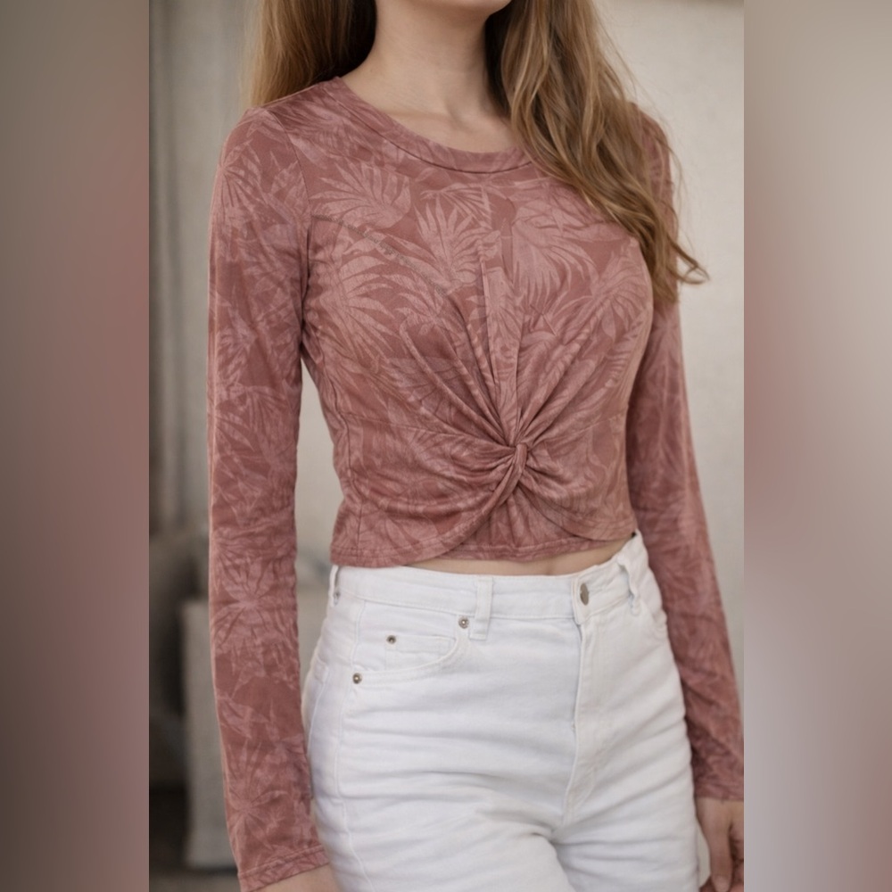 Audrey 3+1 Long Sleeve Twist Front Orange Crop Top